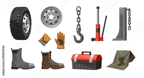 Automotive repair tools set with tyre, toolbox, jack, and safety gear