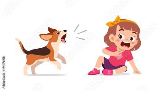 Young girl feeling scared and surprised as a dog barks loudly at her on a white background illustration