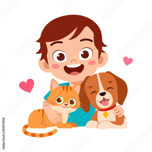 Happy child boy smiling embracing his beloved cat and dog with joyful expression in a cute cartoon illustration