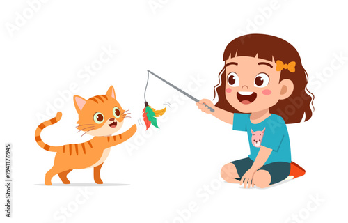 Happy Asian girl kneeling playing with a cute orange tabby cat using a feather toy illustration