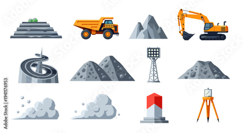 Construction and mining equipment collection in modern flat design