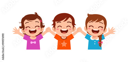 Three happy children smiling widely laughing with hands raised holding hands together