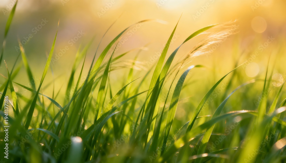 Fototapeta premium Grass blades in sunlight, close-up with warm golden hour glow