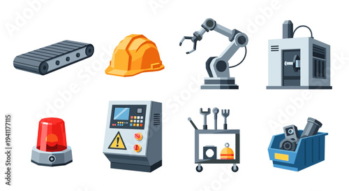 Industrial equipment set featuring robotics, tools, and machinery in colorful flat design