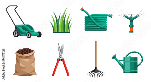 Garden tools set featuring lawnmower, hose, watering can, and more in flat design