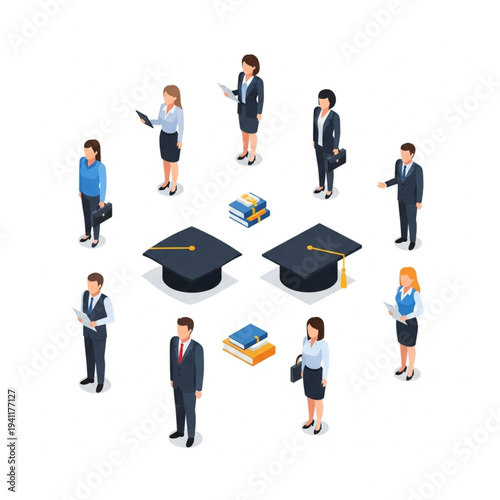 Graduation ceremony with students and graduates in professional attire.