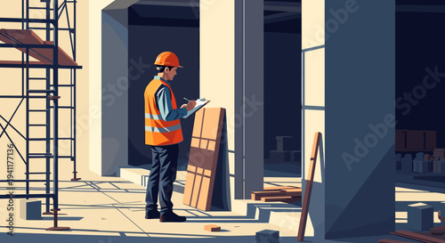 Construction site worker in safety gear amidst building framework