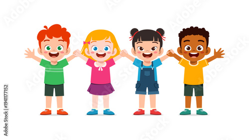 Diverse group of happy children smiling and holding hands with raised arms in a cheerful illustration