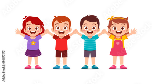 Happy cartoon children standing together holding hands raising arms cheerfully in a vibrant illustration