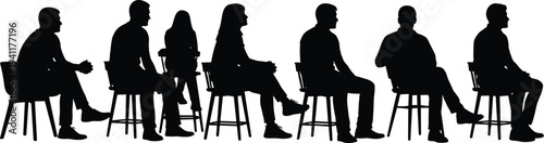 Silhouette group sitting chairs, casual posture, human interaction, social gathering concept, communication study, minimalist art, body language illustration, meeting scenario