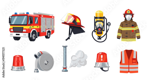 Emergency response equipment collection featuring fire truck, helmet, and safety gear