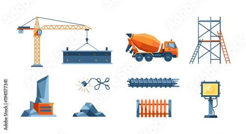 Construction elements set with cranes, concrete mixer, and building tools in flat design