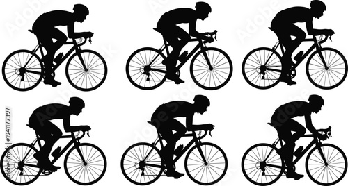 Cyclist silhouettes illustration, road bicycle posture vector, sports performance graphic design, rider movement outline art, cycling technique decorative icons