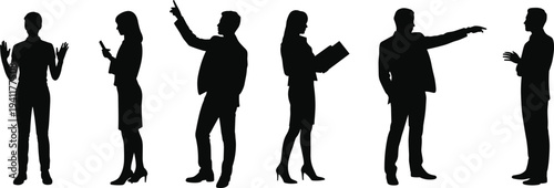 Business professionals silhouette set, office communication and teamwork gestures, corporate discussion isolated vector illustration collection