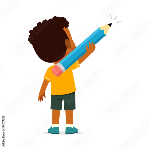 A happy African American boy drawing in the air with a giant blue pencil creative child learning concept