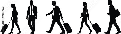 Business professionals silhouettes walking with rolling luggage isolated on white background corporate travel
