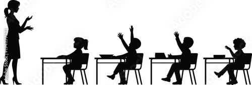 Classroom silhouette, teacher guiding students, school education, learning environment, academic scene, student participation, teaching concept