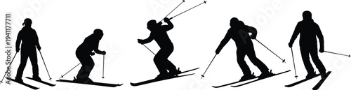 Collection of skier silhouettes in action poses isolated on white background