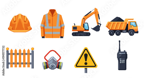 Construction safety equipment icons featuring helmet, vest, excavator, dump truck, and signs