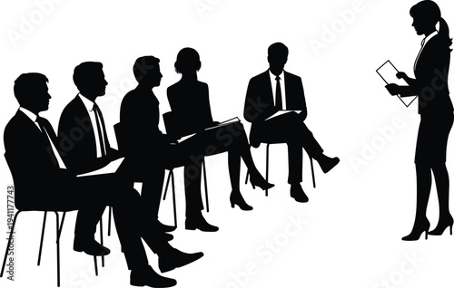 Corporate meeting silhouette illustration, female presenter conducting business training session for professional team isolated on white background