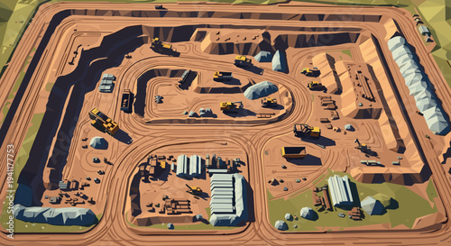 Low poly isometric construction site with heavy machinery in quarry