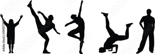 Dance performers silhouette collection, hip hop and contemporary movement poses, artistic performance isolated vector illustration