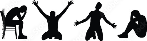 Man silhouette expressing emotions sadness and joy isolated on white background concept