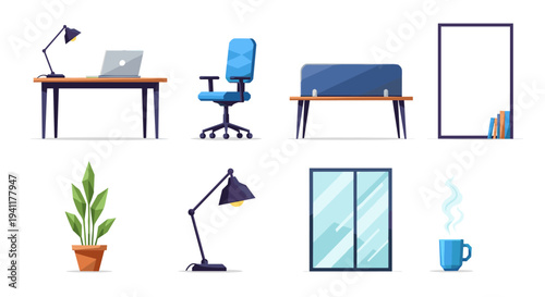 Modern office elements in flat design featuring desk, chair, and decor