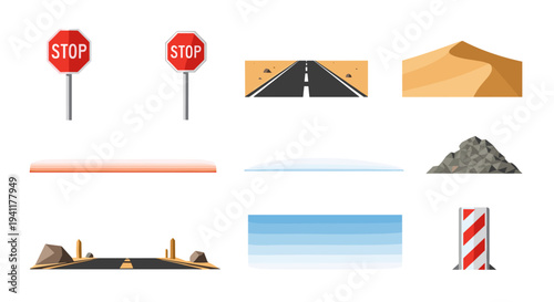 Road and landscape elements collection including signs, highways, and natural features