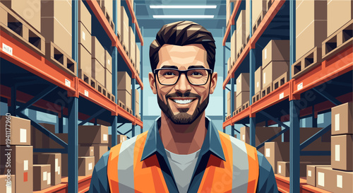 Warehouse worker smiling in modern logistics center with cardboard boxes