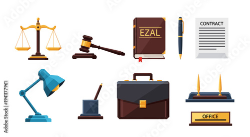 Legal office essentials with balance scales, gavel, and office items in modern flat design