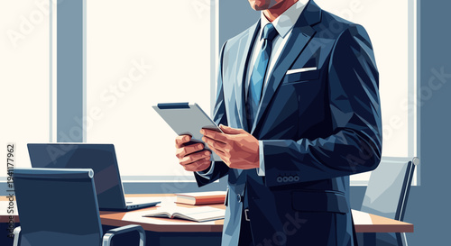 Business professional in modern office with digital tablet