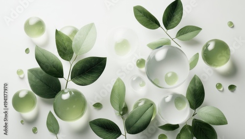 A serene composition featuring clear spheres and green leaves, symbolizing nature and purity.