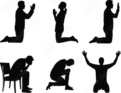 People praying silhouette set, kneeling worship and meditation poses, spiritual faith devotion isolated vector praying silhouette set,  spiritual faith devotion isolated vector illustration