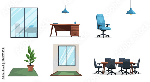 Modern office furniture set featuring desk, chair, and meeting room elements