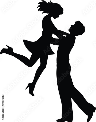 Romantic couple silhouette dancing, man lifting woman in love isolated on white background