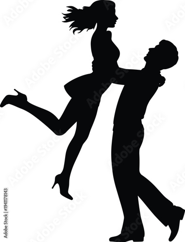 Romantic dancing couple silhouette, man lifting woman in joyful love isolated on white background