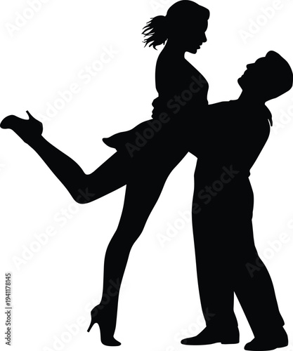 Romantic love couple silhouette, man lifting woman dancing isolated on white background illustration