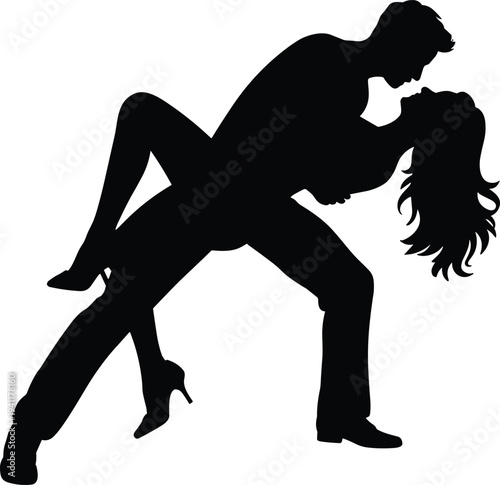 Romantic dancing couple silhouette, passionate tango dip pose isolated on white background artwork
