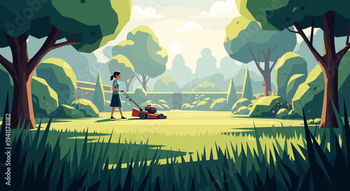 Peaceful garden mowing on a sunny day with lush greenery and trees