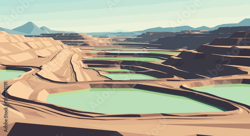 Low poly mining landscape with tiered terrain and pools