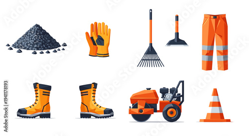 Construction equipment icons: safety gear and tools collection in flat design