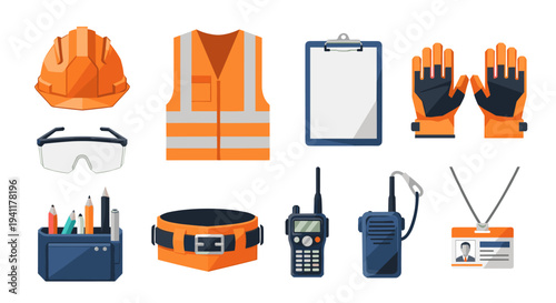 Essential safety gear icons for construction and industrial work in flat design