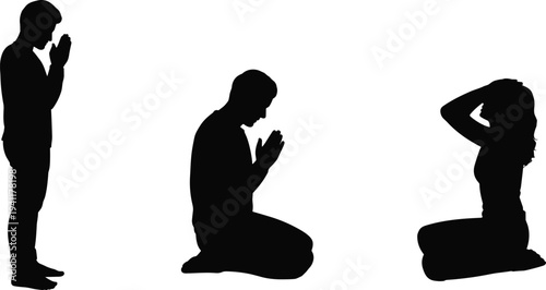 Set of praying people silhouettes in kneeling and standing poses isolated on white background