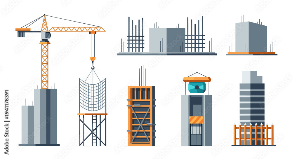 Obraz premium Isometric construction elements: crane, building frameworks, and urban architecture