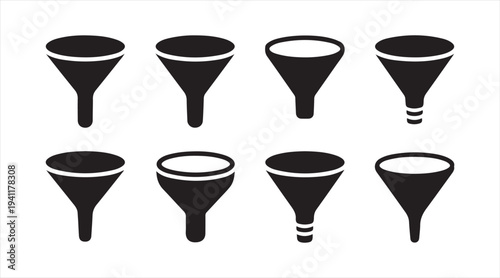 Black funnel icon pack showing simple filtration and process symbols