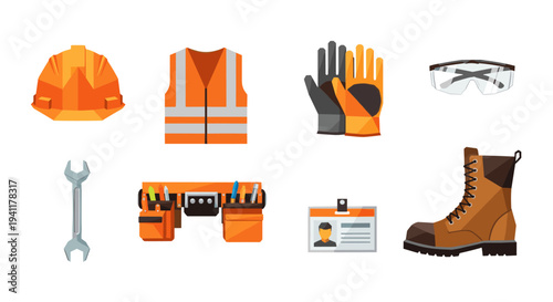 Construction safety equipment icons set for workplace protection