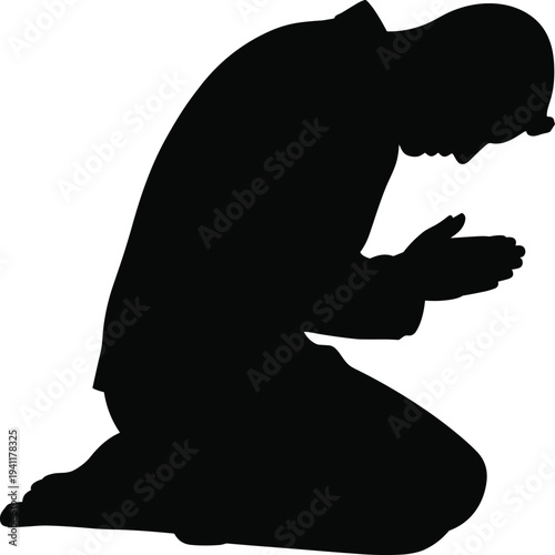 Silhouette kneeling prayer, spiritual devotion, meditation posture, religious worship, humility gesture, faith concept, reflective moment