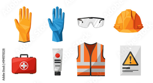 Safety gear collection: gloves, visor, helmet, first aid kit, high-vis vest, cream, warning sign