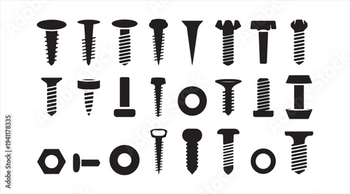 Screw bolt and nut icons collection representing construction and mechanical hardware